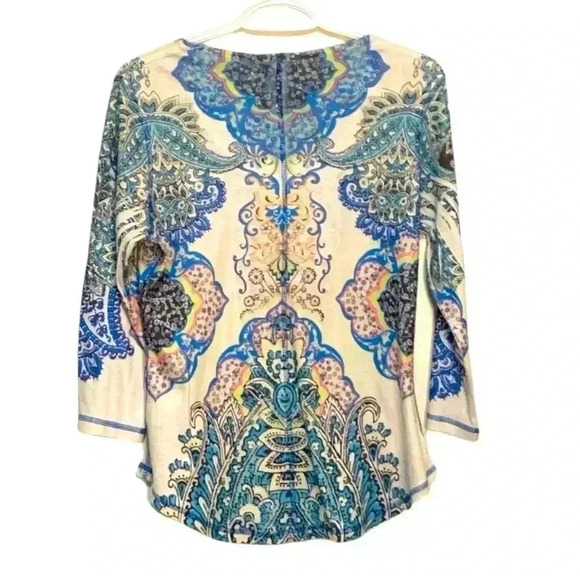 One World 3/4 Sleeve Tee Shirt w Stiff Embroidery Affixed, soft and stretchy - Picture 3 of 7